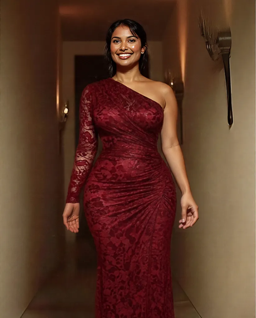 red shoulder lace ruched dress