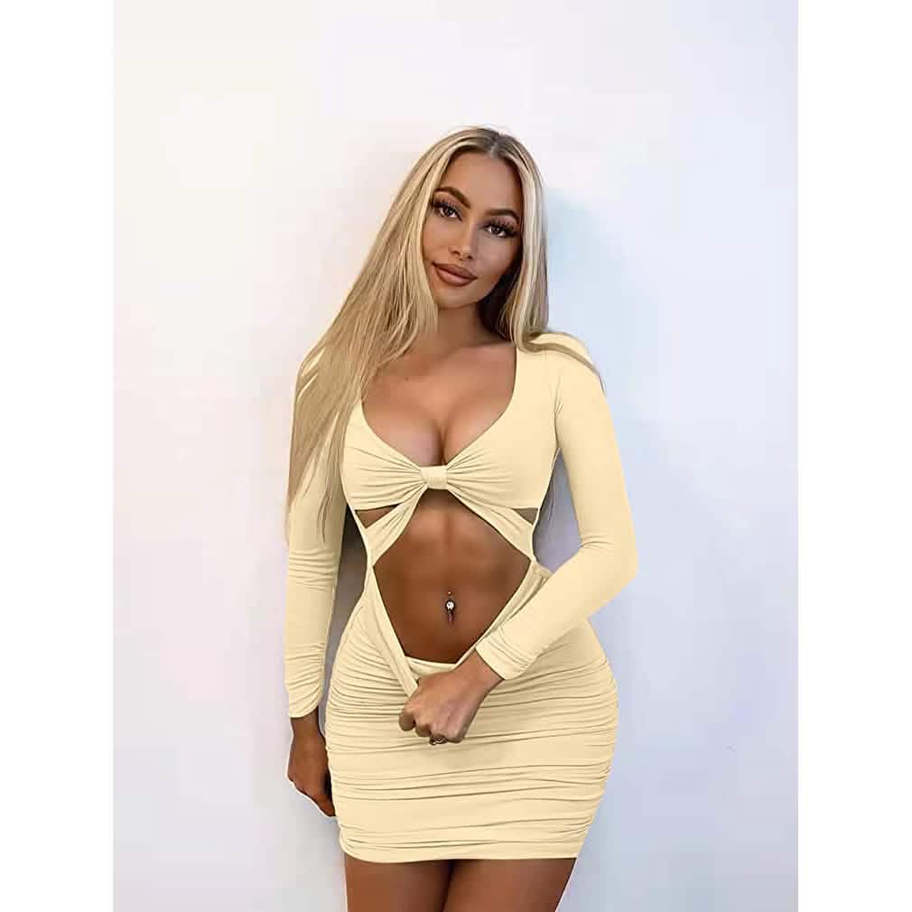 Bodycon deep v neck long sleeve cut out mini dress