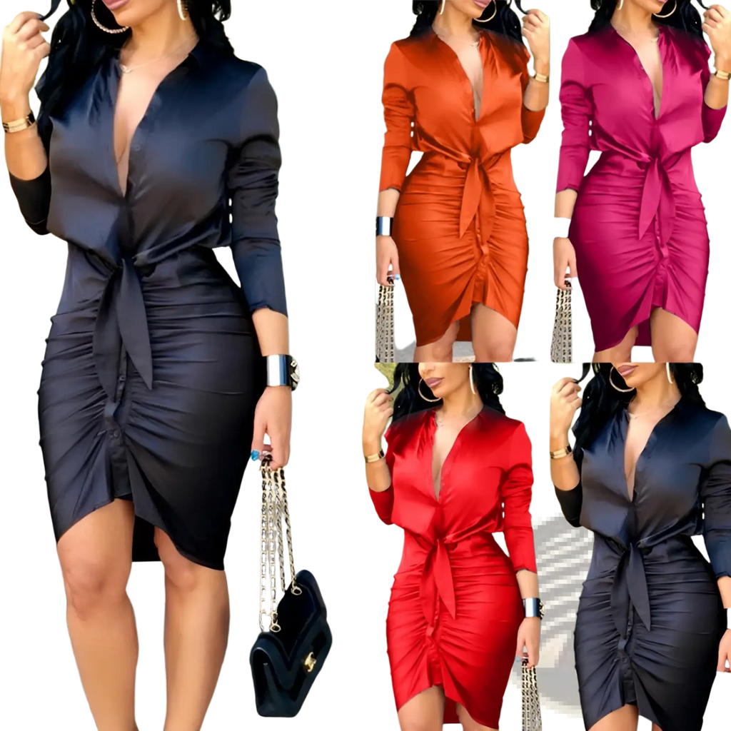 Elegant Satin v Neck Long Sleeve Ruched Midi Shirt Dress