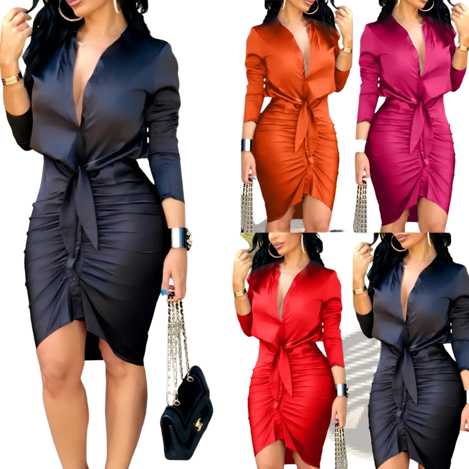 Elegant Satin v Neck Long Sleeve Ruched Midi Shirt Dress