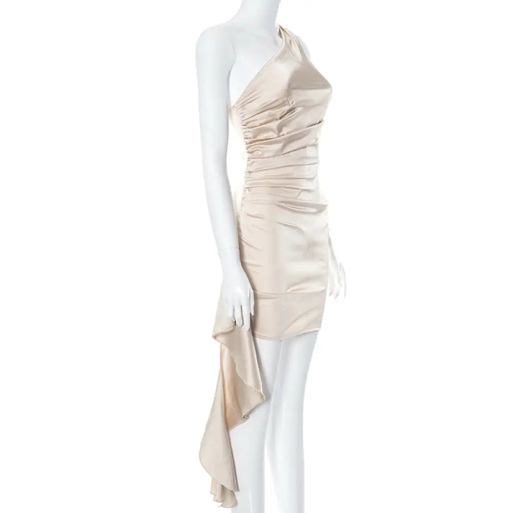Beige Satin Ruched one Shoulder Backless Mini Dress