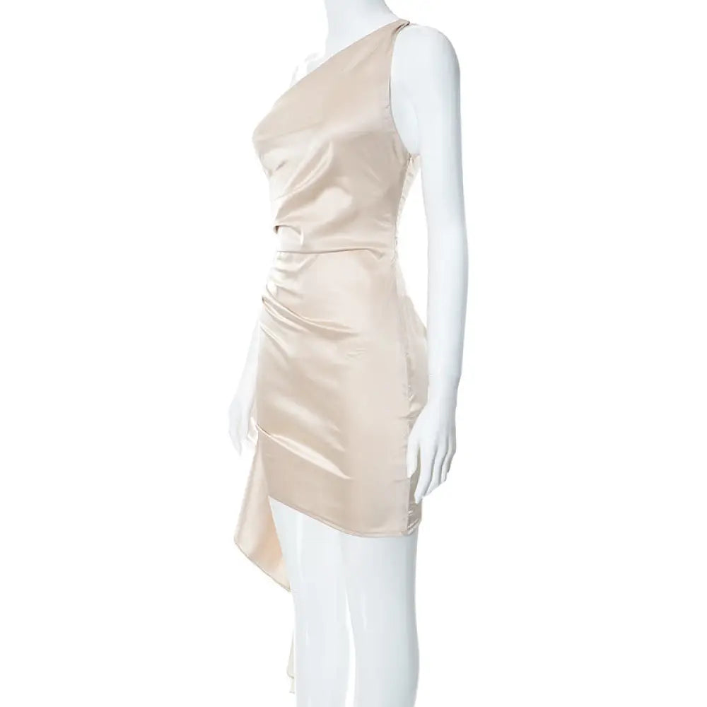Beige Satin Ruched one Shoulder Backless Mini Dress