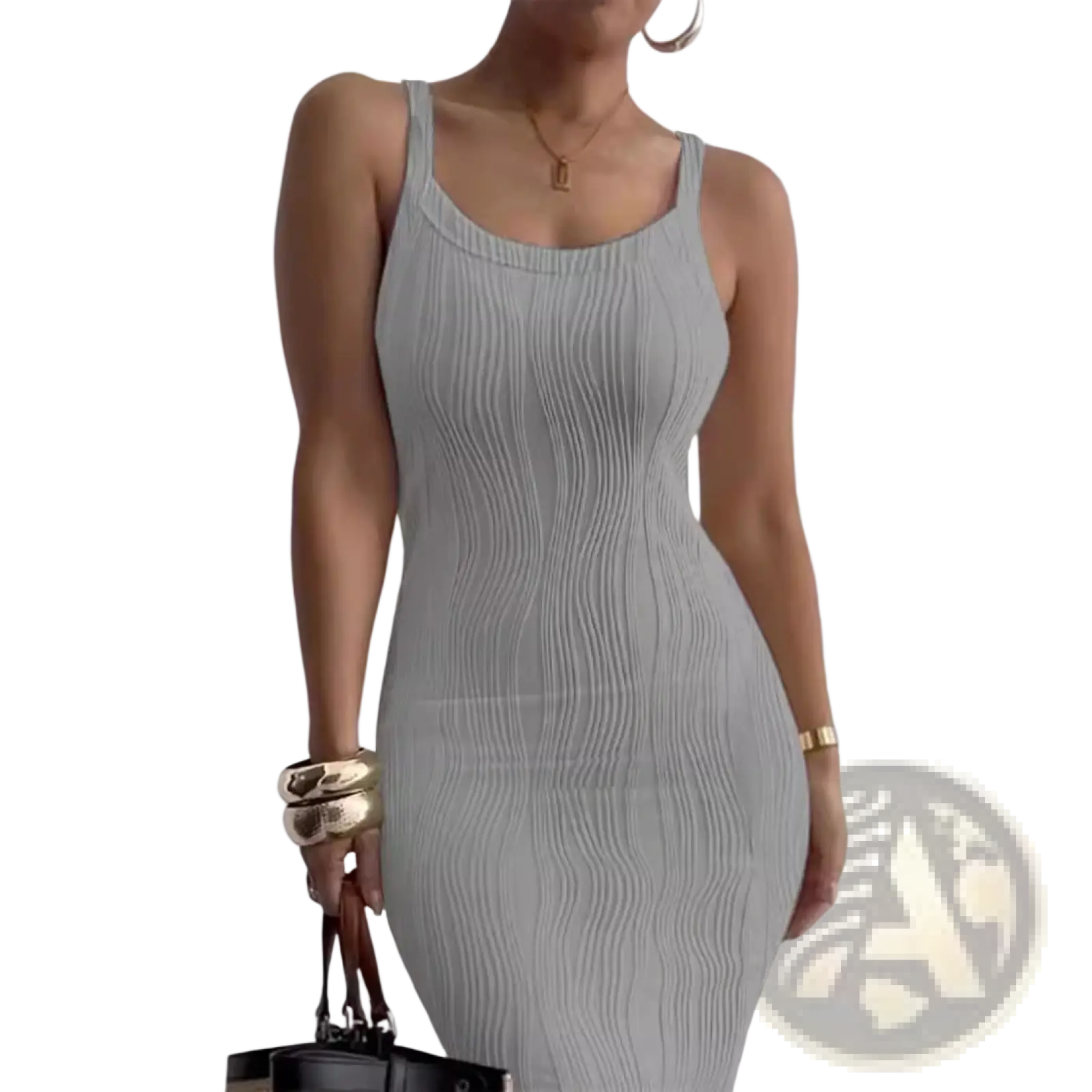 Ribbed Knit Square Neck Sleeveless Midi Dress
