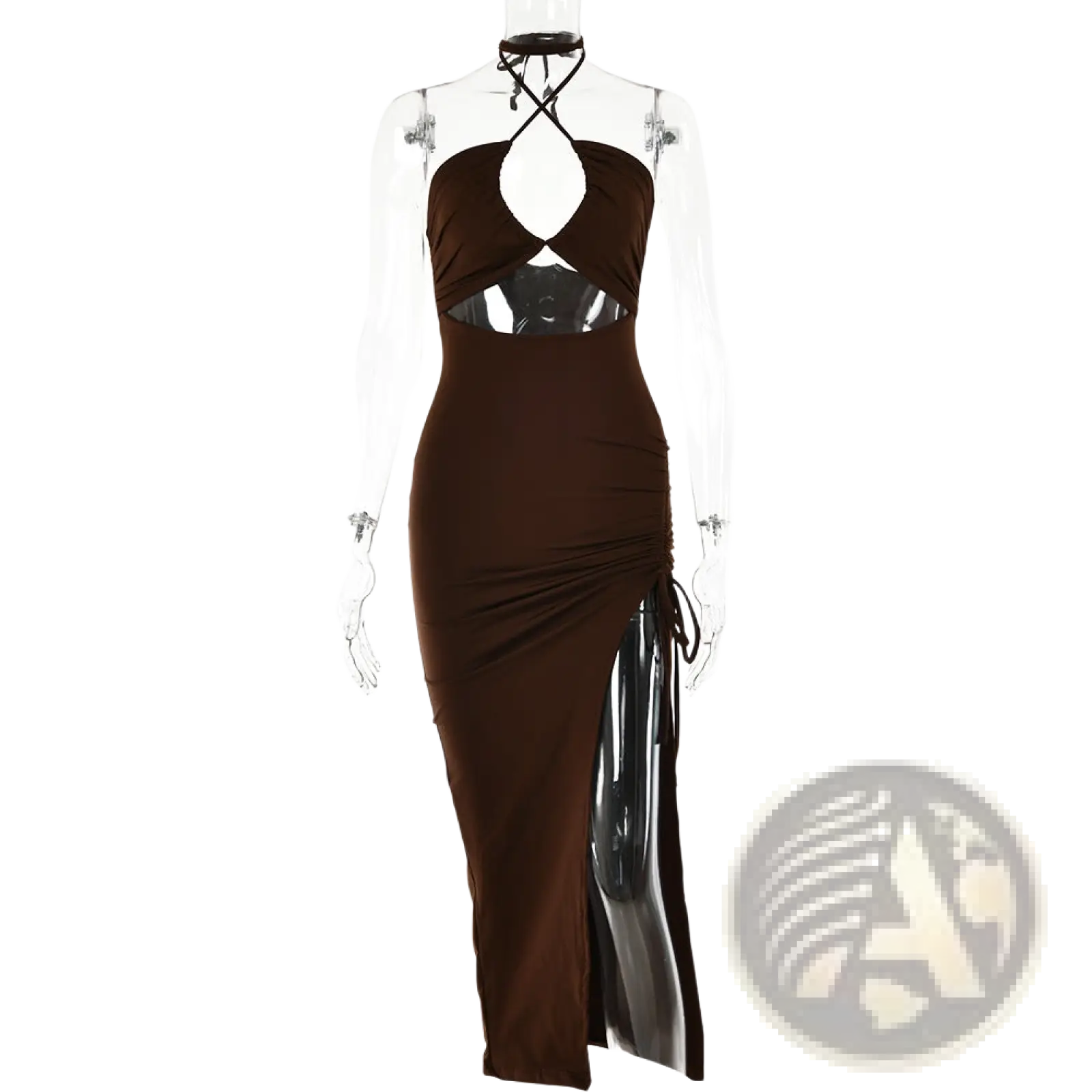 Ruched Halterneck Satin Split Maxi Dress