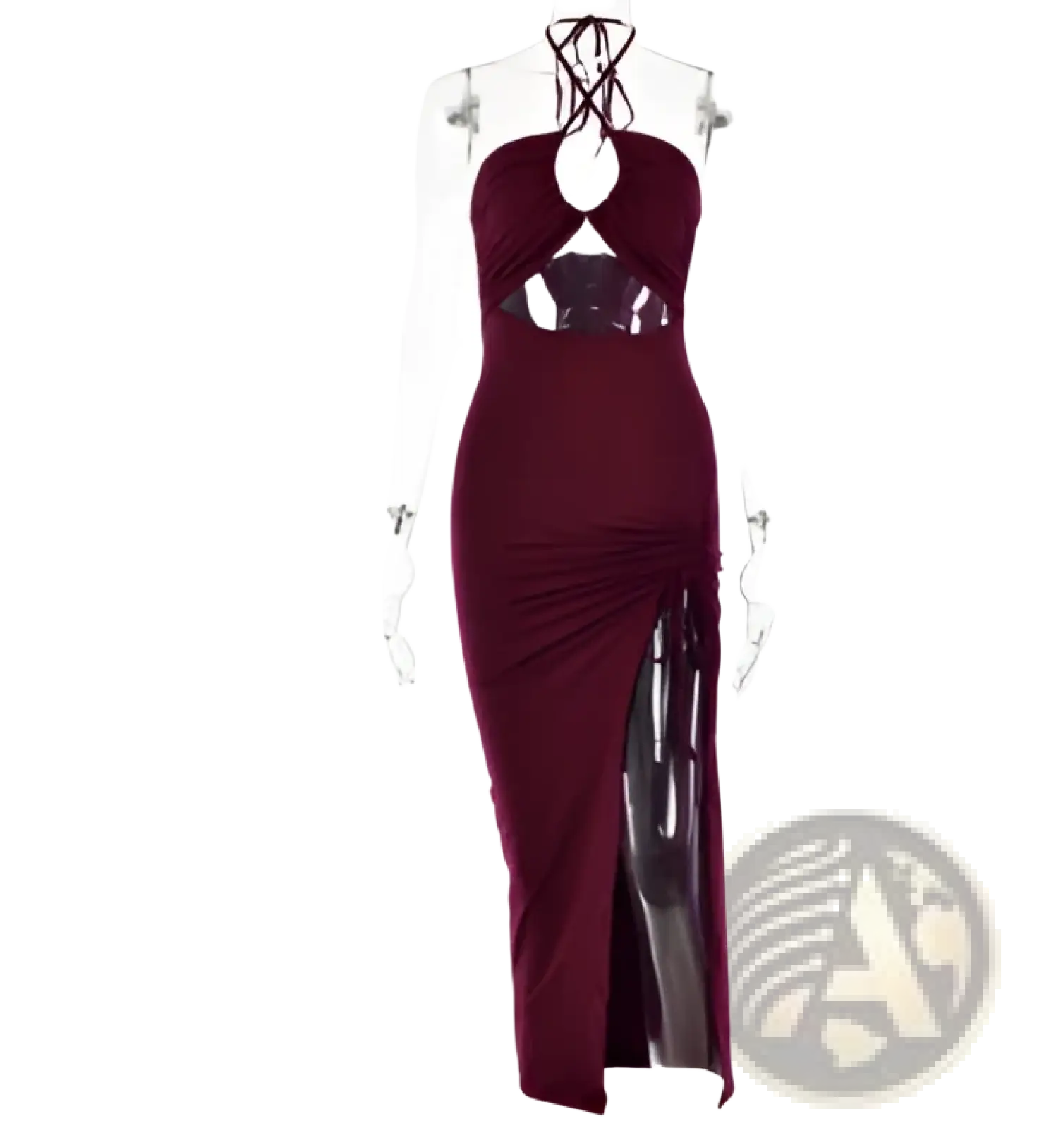 Ruched Halterneck Satin Split Maxi Dress