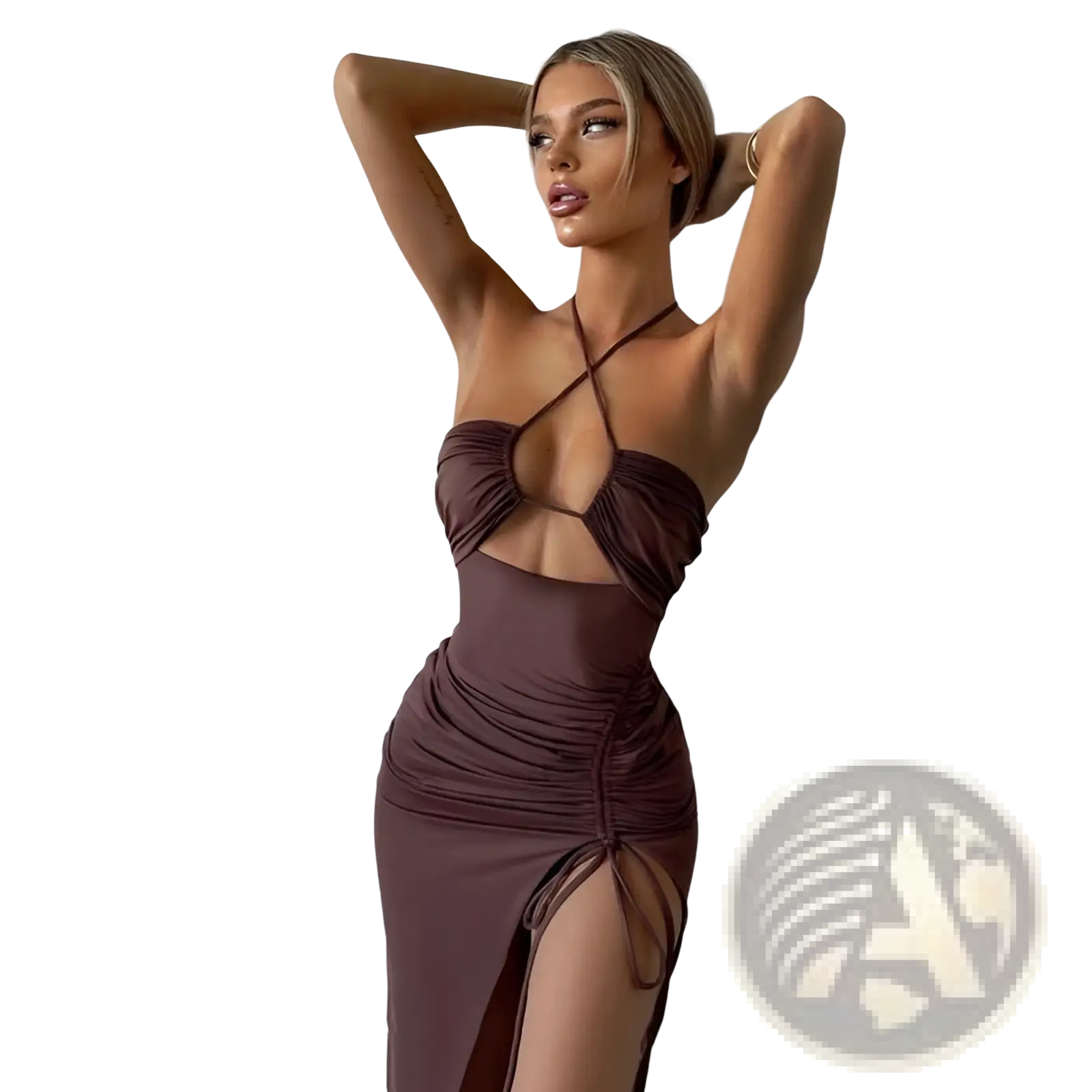 Ruched Halterneck Satin Split Maxi Dress
