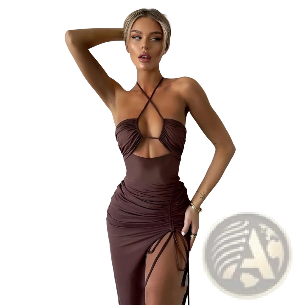 Ruched Halterneck Satin Split Maxi Dress