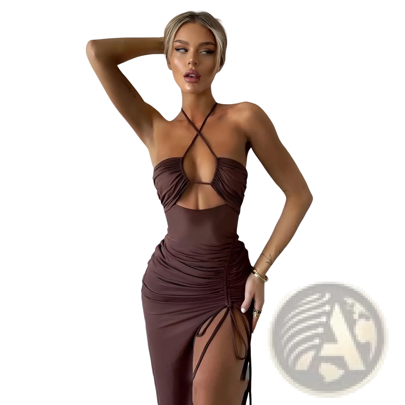 Ruched Halterneck Satin Split Maxi Dress